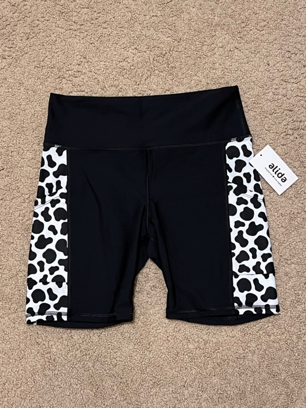 Black High-Waist Bike Shorts with Cow Spot Panels